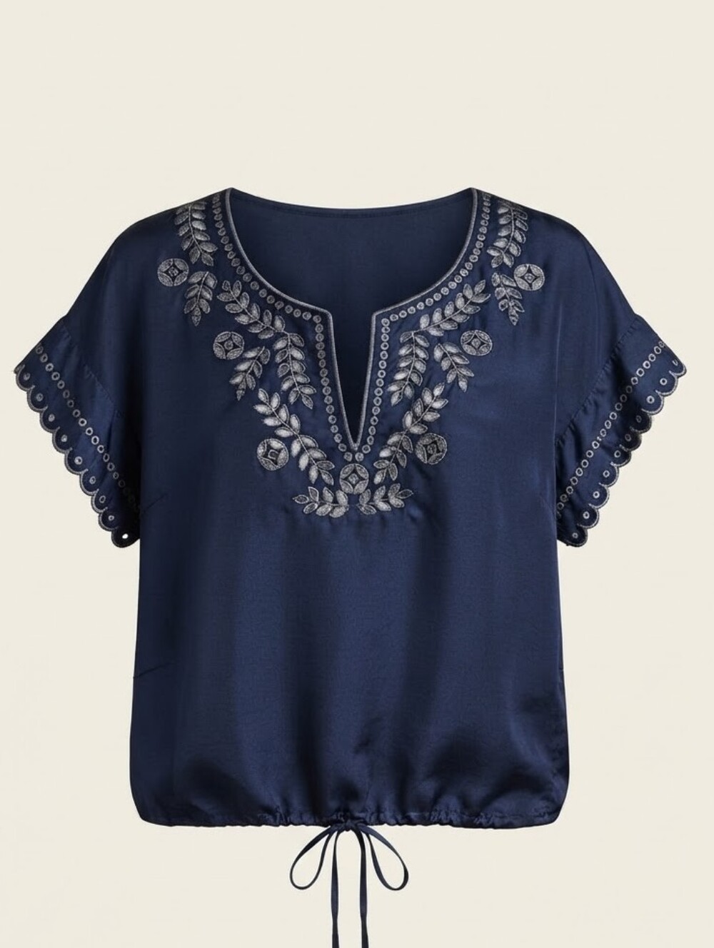 BCBGMaxAzria Silk Navy Blue Cutwork V Neck Blouse Size M